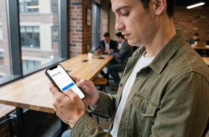 Jeune professionnel accédant à son compte Arkevia sur smartphone dans un espace de coworking moderne