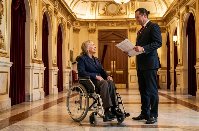 Femme en fauteuil roulant accédant au hall d'entrée du Grand Rex Paris avec l'aide d'un ouvreur