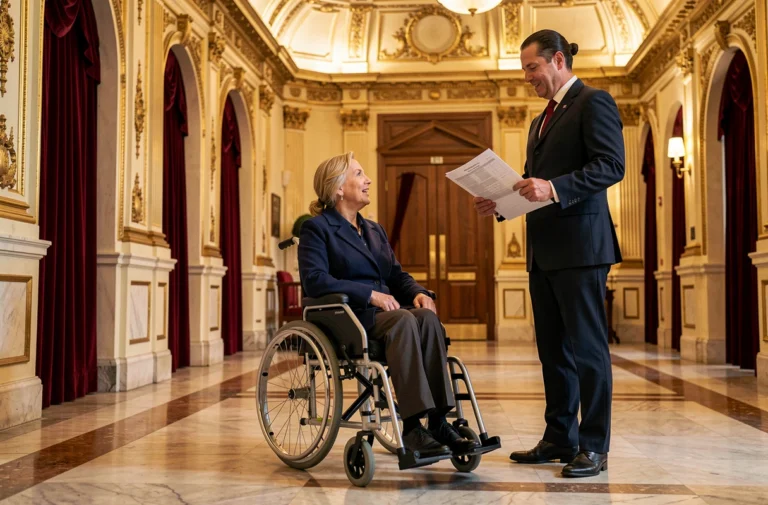 Femme en fauteuil roulant accédant au hall d'entrée du Grand Rex Paris avec l'aide d'un ouvreur