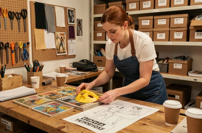 Accessoiriste préparant les props de la série Fantômette dans l'atelier de production