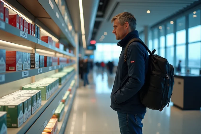 Voyageur masculin examinant des cartouches de cigarettes dans une boutique duty-free d'un aéroport international suisse