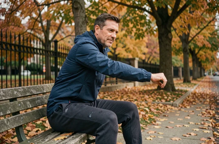 Homme d'âge moyen faisant des étirements dans un parc en automne dans le cadre d'un mode de vie sain et actif