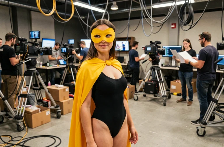 Actrice en costume de Fantômette dans les coulisses d'un tournage de série télévisée