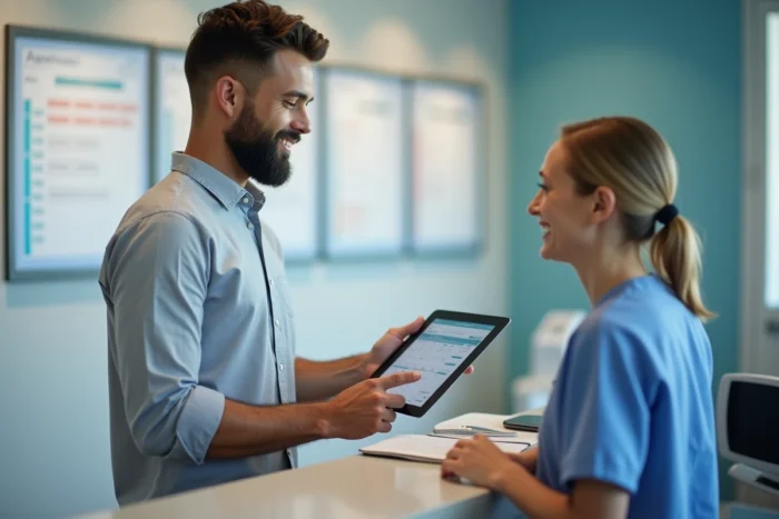Administrateur de cabinet médical et infirmière collaborant sur une tablette avec un logiciel de planification de rendez-vous