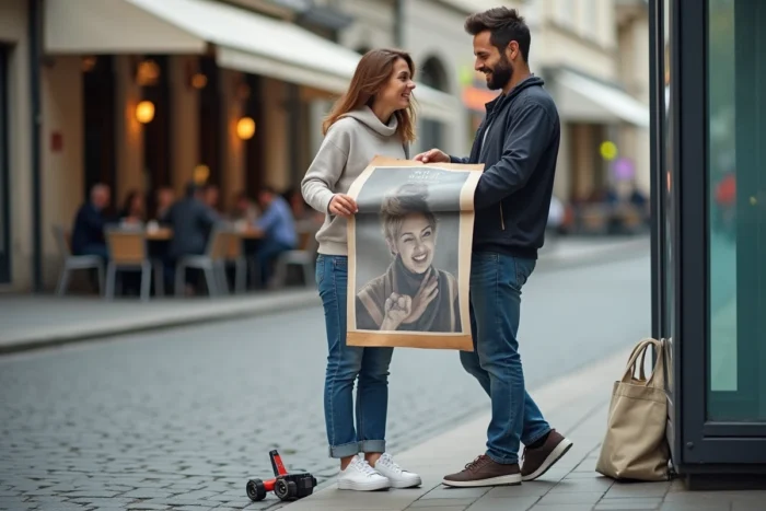 Deux personnes déroulent une affiche publicitaire récupérée dans un abribus