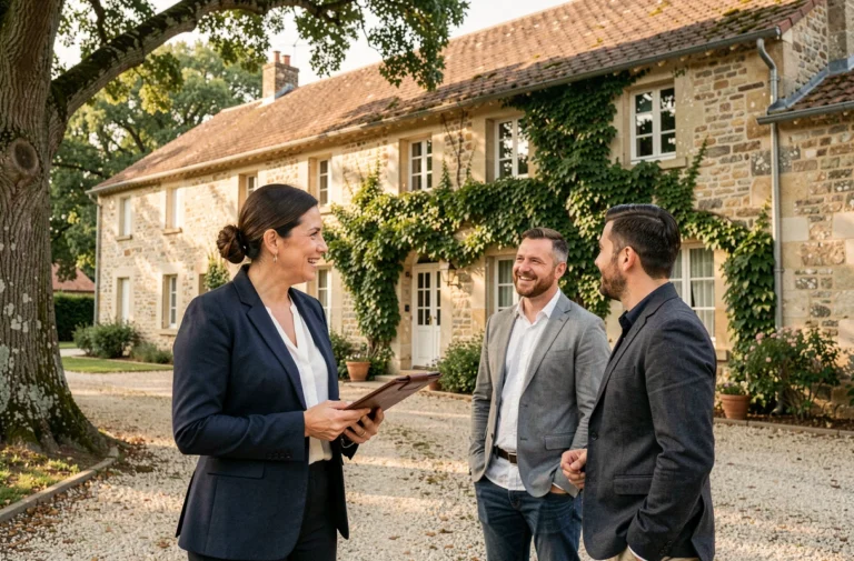 Agente immobilière en Gironde présentant une maison en pierre traditionnelle à un couple d'acheteurs devant la façade