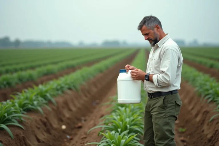 Agriculteur tenant un bidon de glyphosate 5 litres dans un champ agricole pour un désherbage efficace