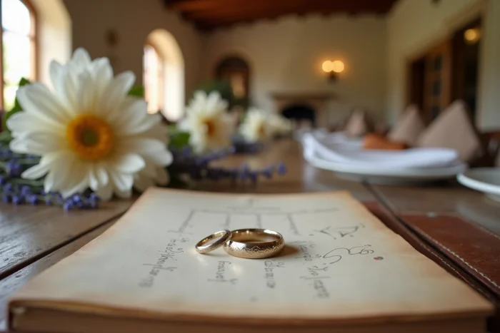 Alliances de mariage posées sur un livre d'or vintage avec lavande séchée et pivoine blanche, décor de ferme provençale rustique