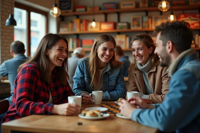 Groupe d'amis jouant à un jeu de société dans un café cosy, souriant et partageant un moment de loisir convivial