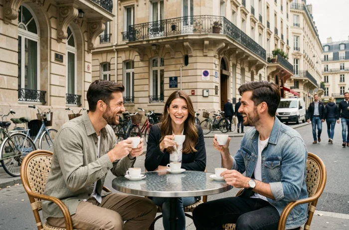 Groupe d'amis parisiens en terrasse de café discutant autour d'un expresso sur un boulevard haussmannien