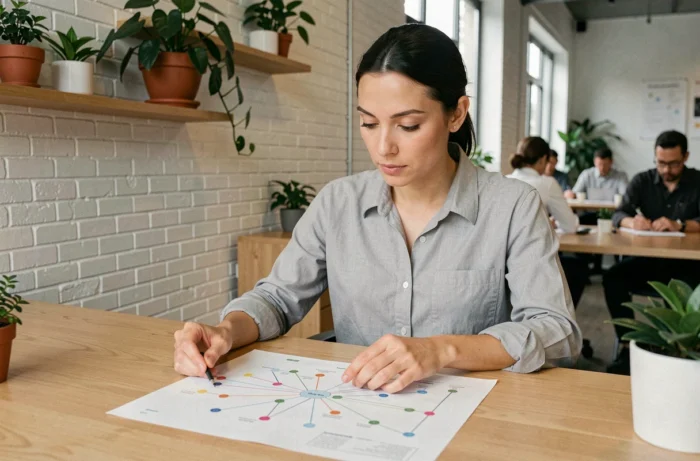 Professionnelle analysant un sitemap imprimé sur son bureau dans un open space moderne pour optimiser le référencement web