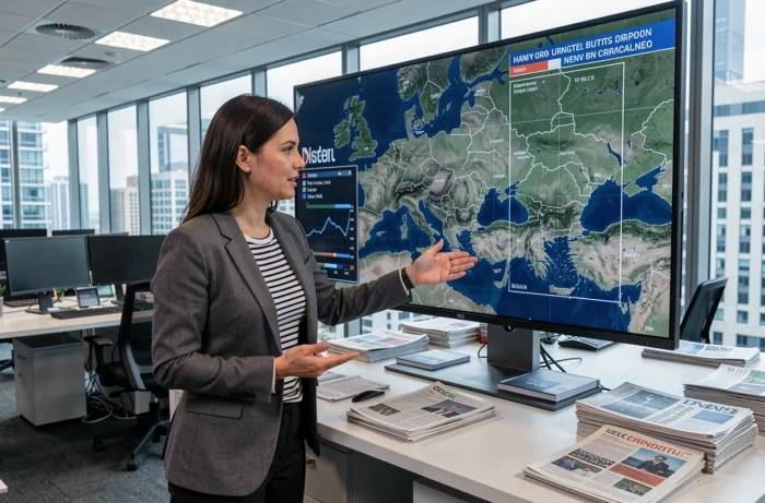 Analyste de presse devant un écran de données géopolitiques méditerranéennes dans une salle de rédaction moderne
