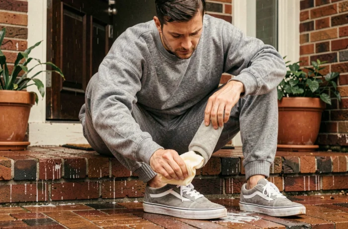 Homme appliquant de la cire imperméabilisante sur des Vans Old Skool en daim gris assis sur les marches d'une maison en briques
