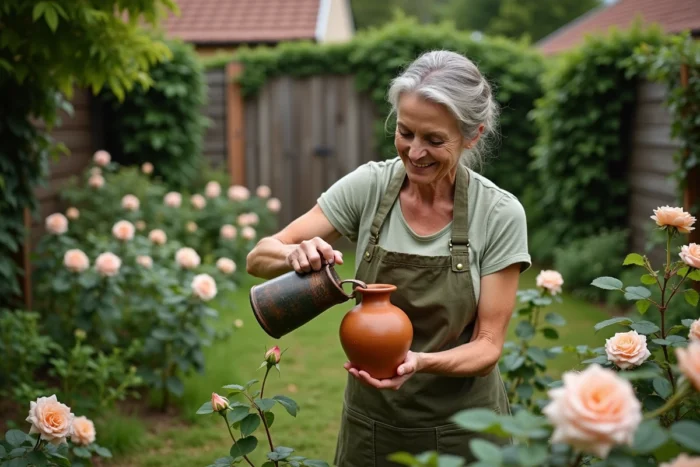 Femme appliquant du purin d'ortie au pied de rosiers en fleurs dans un jardin verdoyant