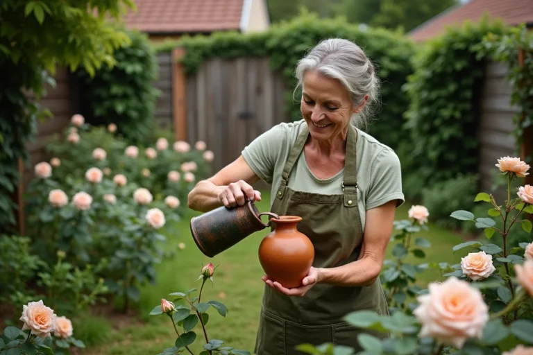 Femme appliquant du purin d'ortie au pied de rosiers en fleurs dans un jardin verdoyant