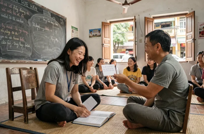 Une voyageuse étudie le vietnamien avec un professeur local dans une petite salle de classe à Hanoï lors d'une immersion linguistique