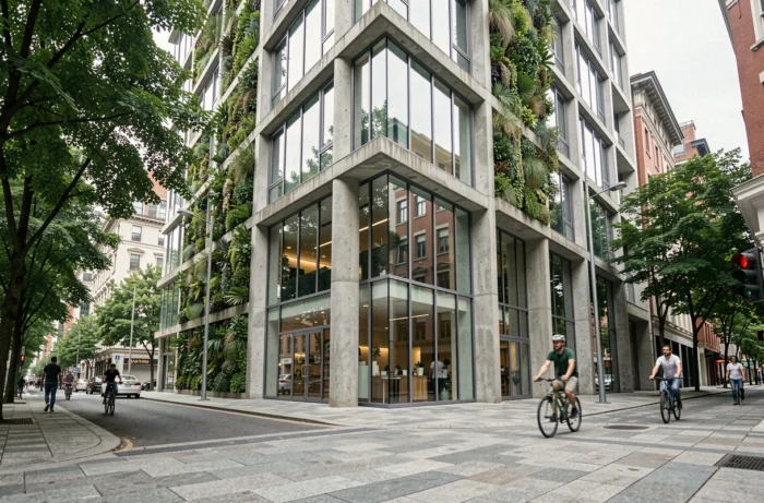Immeuble contemporain à façade en verre et jardins verticaux intégrés dans un quartier urbain moderne