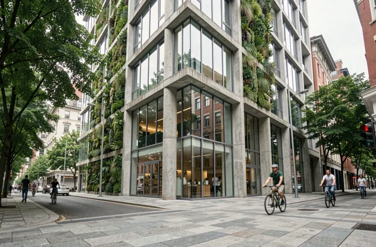 Immeuble contemporain à façade en verre et jardins verticaux intégrés dans un quartier urbain moderne