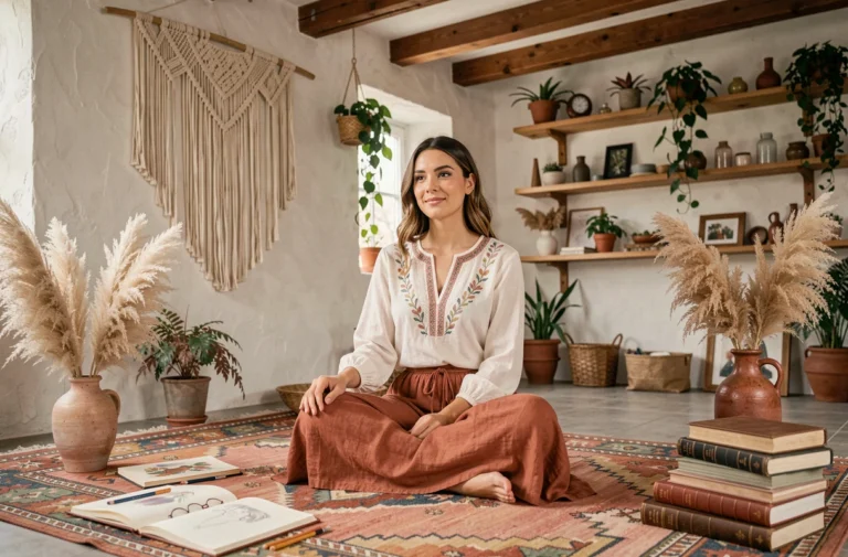 Femme bohème assise sur un tapis kilim vintage dans un atelier créatif décoré de macramé, de plantes et d'accessoires artisanaux