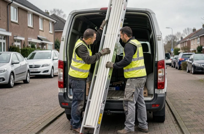 Deux artisans chargeant du matériel long dans un fourgon H3 garé en rue pour illustrer la capacité en hauteur