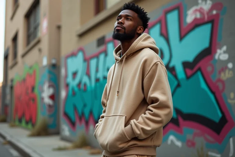 Jeune artiste masculin en tenue décontractée devant un mur de graffitis colorés dans un quartier urbain créatif