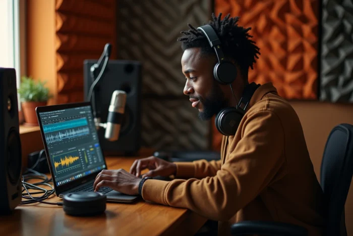 Artiste en studio d'enregistrement maison, concentré devant son équipement audio avec casque et microphone