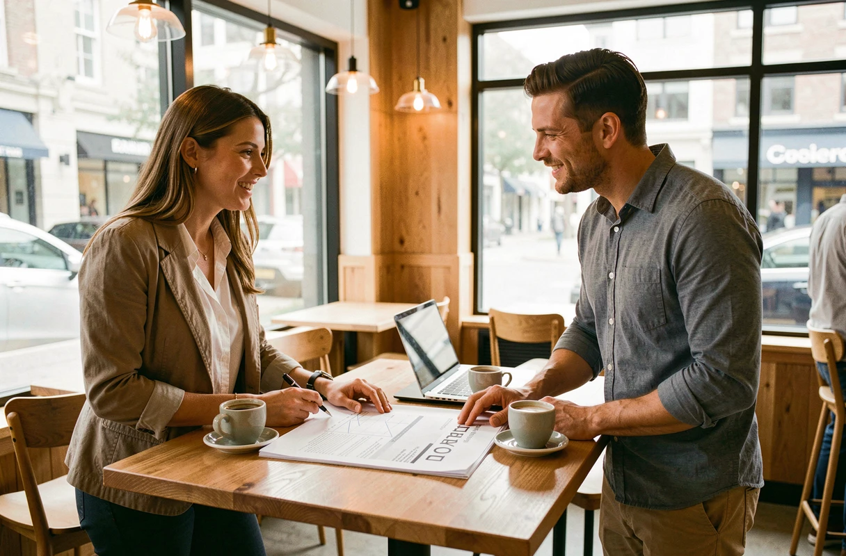 Deux associés discutant d'une stratégie pour lancer leur business en ligne dans un café
