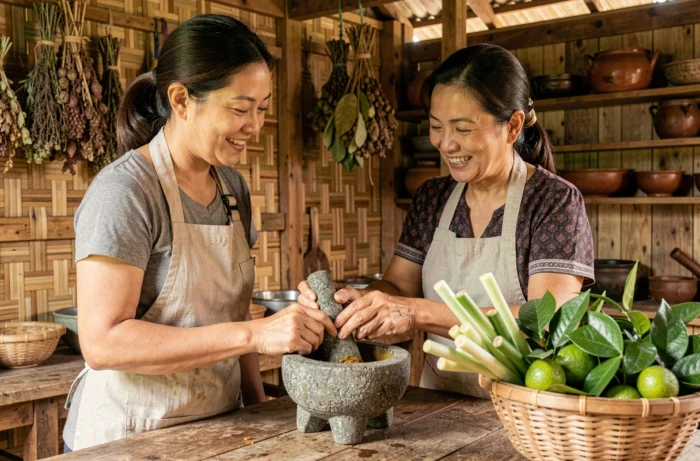 Une voyageuse apprend à préparer un curry thaïlandais avec une habitante dans une cuisine traditionnelle à Chiang Mai