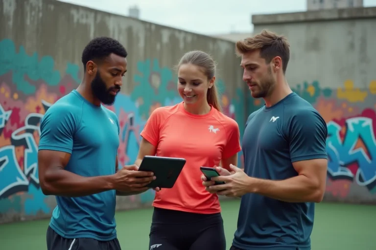 Groupe d'athlètes analysant des statistiques sportives sur une tablette dans un cadre urbain, illustrant les tendances du sport cette saison