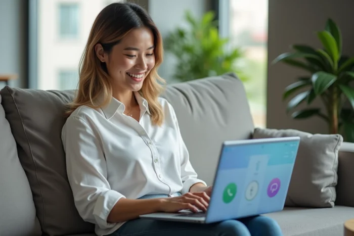 Femme explorant les services liés à l'identifiant Huawei sur ordinateur portable dans un salon moderne