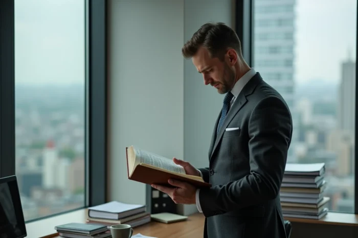 Avocat consultant le Code civil ouvert à un article sur l'action en réduction dans un bureau avec vue sur la ville, symbolisant l'expertise juridique en droit des successions