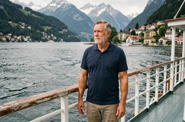 Homme sur le pont d'un bateau à vapeur traversant le lac Léman avec vue sur les villages de la Riviera vaudoise