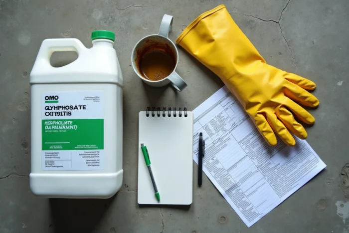Vue à plat d'un bidon de glyphosate 5 litres avec gants de protection, fiche de sécurité et matériel de préparation sur béton