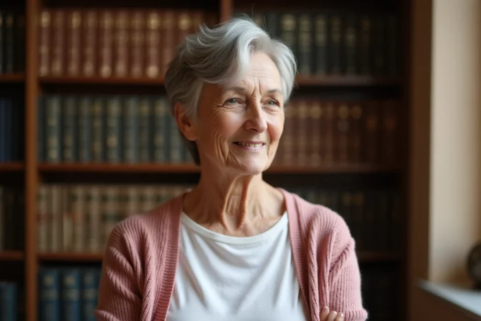 Femme de 70 ans avec une coupe bixie mêlant pixie et bob, tons poivre et sel