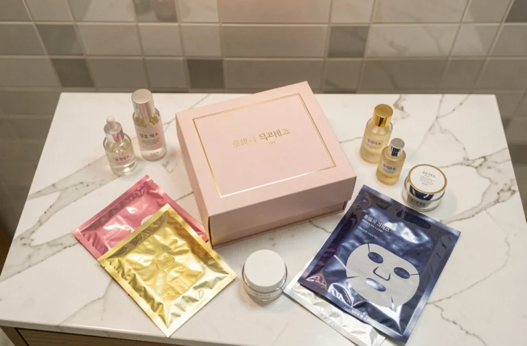 Calendrier de l'avent skincare coréen Yesstyle 2026 ouvert sur un comptoir en marbre avec des soins miniatures disposés en flat lay