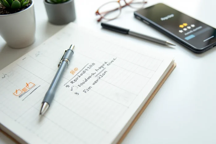 Vue de dessus d'un carnet avec des notes d'avis positif manuscrites et un téléphone affichant cinq étoiles sur un bureau