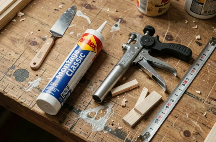 Gros plan sur une cartouche de colle Pattex Montage Classic posée sur un établi avec des outils de bricolage