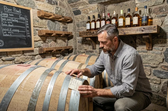 Homme inspectant des fûts de chêne dans une cave de maturation pour whisky fait maison