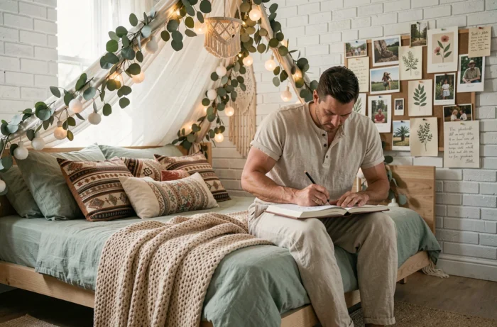 Homme dessinant dans un carnet dans une chambre bohème décorée d'un auvent de plantes séchées, de coussins ethniques et d'un mur d'inspiration artistique