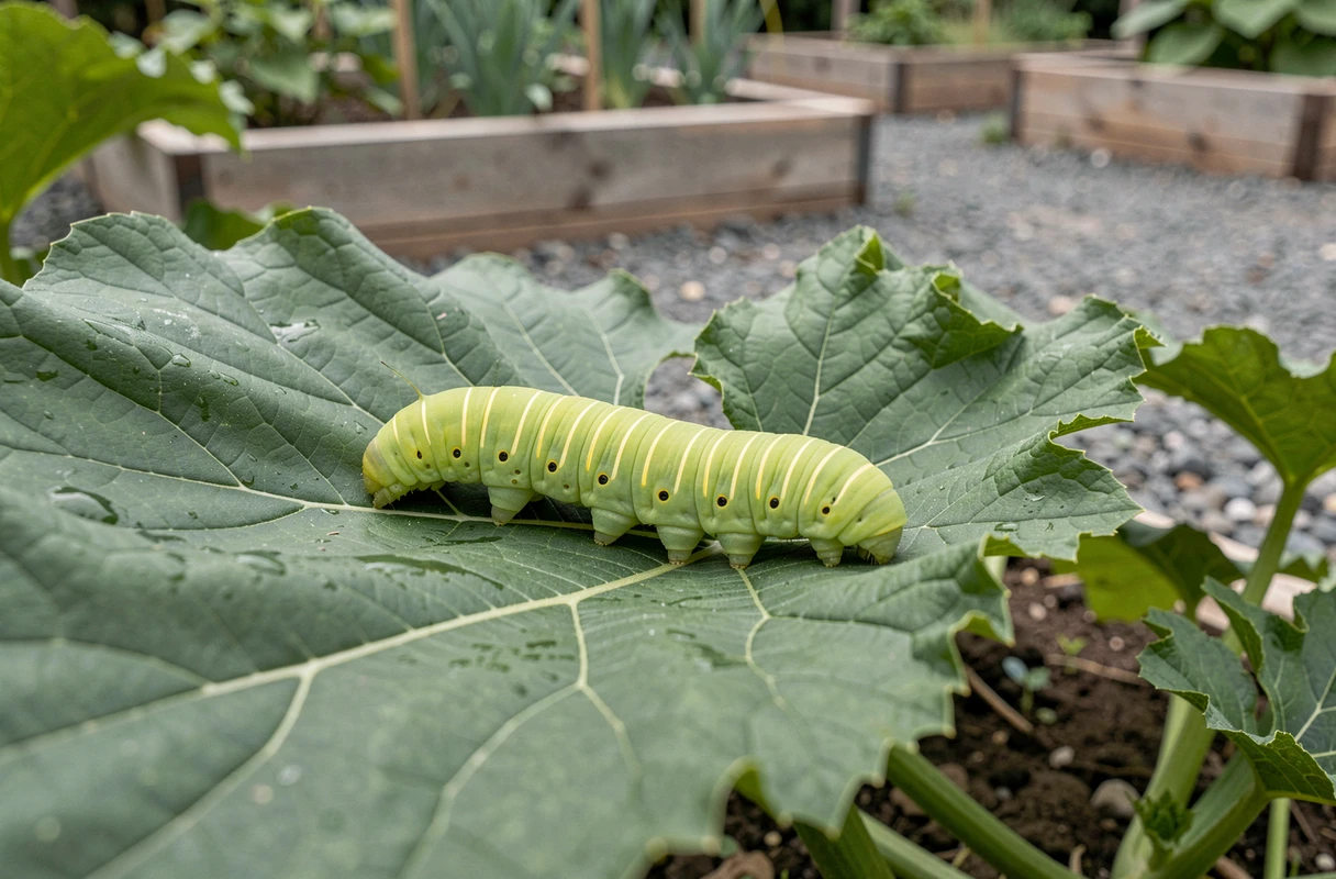 Chenille verte fluo avec rayures jaunes sur une feuille de courgette dans un potager en carré