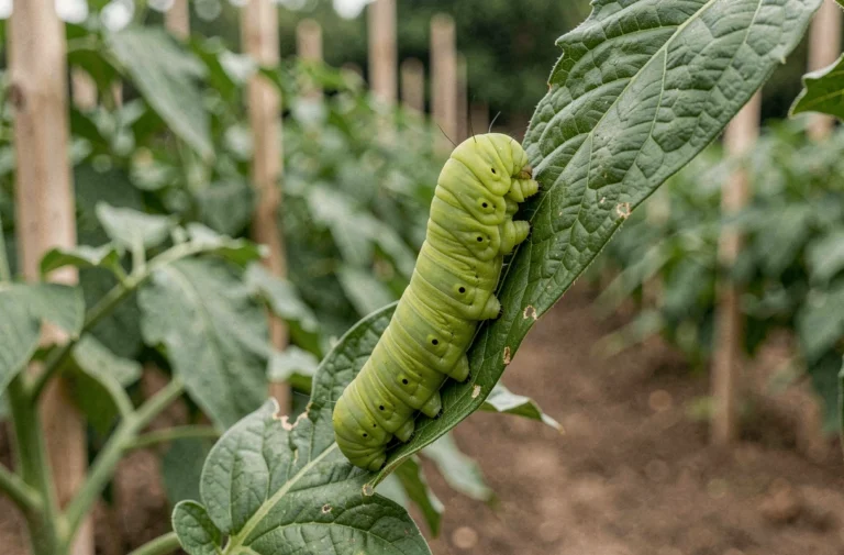 Chenille verte fluo sur une feuille de plant de tomate au potager avec des traces de morsures