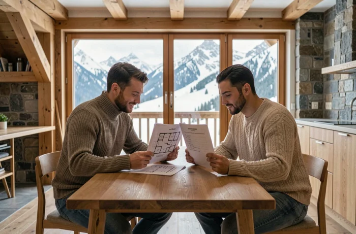 Couple examinant des plans d'appartement à louer aux Menuires avec vue sur les pistes enneigées