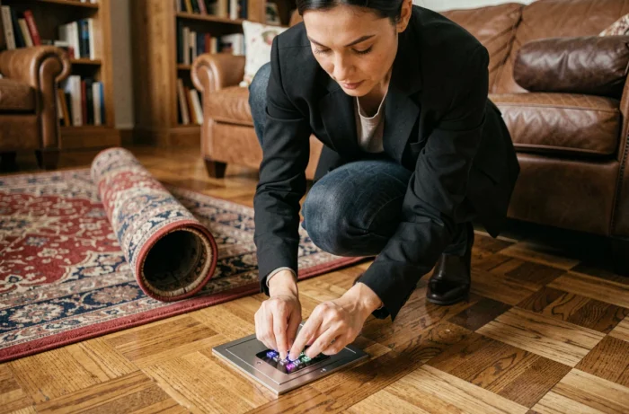 Femme saisissant un code sur un coffre-fort de sol encastré dans un parquet en chêne d'un salon résidentiel haut de gamme