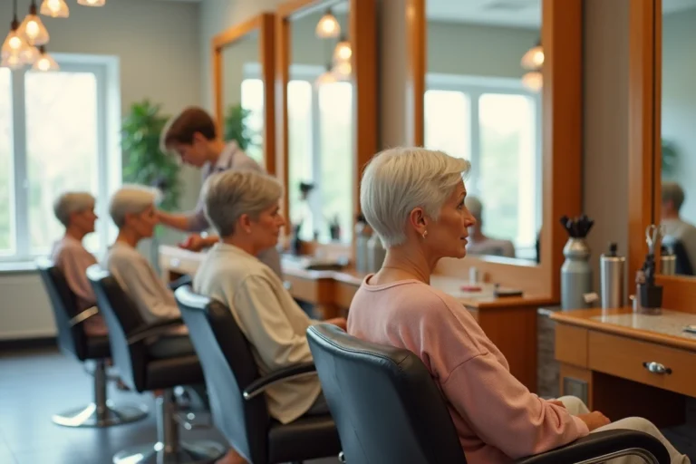 Salon de coiffure avec trois femmes de 70 ans arborant des coupes courtes modernes et élégantes
