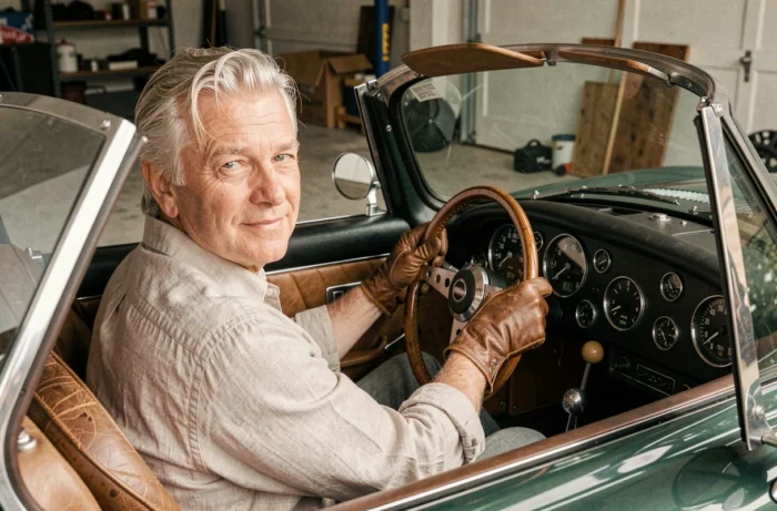 Collectionneur passionné assis dans le cockpit d'une Jaguar E-Type verte au volant en bois
