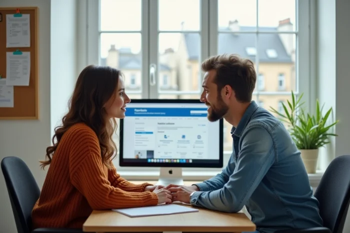 Deux collègues discutant d'opportunités d'emploi sur un site de recrutement français au bureau
