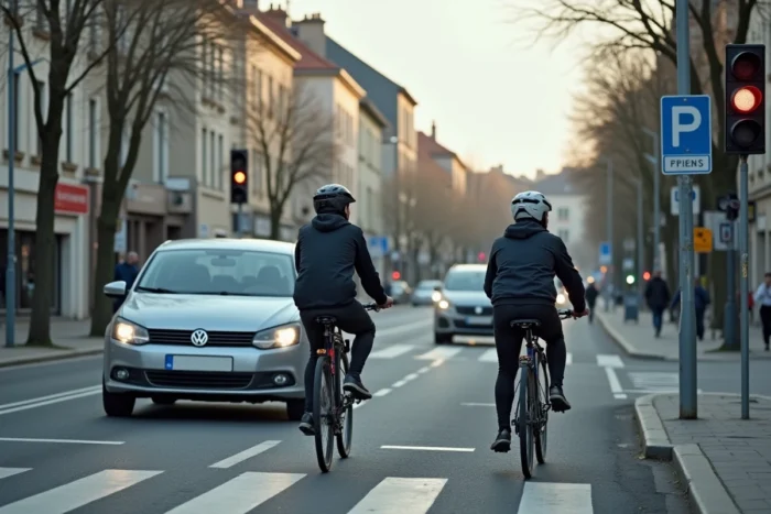 Conducteur et cycliste négociant prudemment une intersection avec un feu tricolore hors service en zone périurbaine française