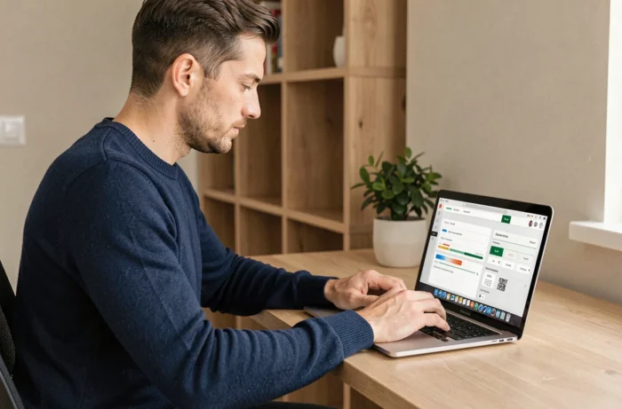 Homme configurant un tableau de bord logiciel sur un ordinateur portable dans un bureau minimaliste pour gagner du temps