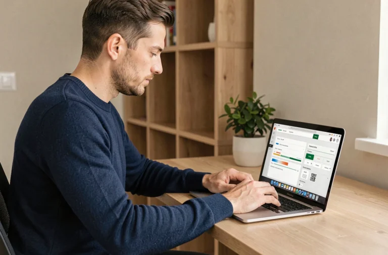 Homme configurant un tableau de bord logiciel sur un ordinateur portable dans un bureau minimaliste pour gagner du temps