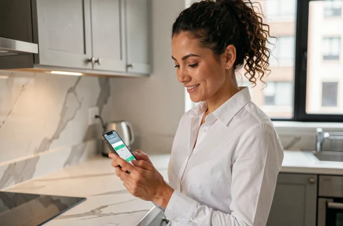 Jeune femme se connectant à l'application mobile MyFoncia depuis sa cuisine pour accéder à son espace client immobilier
